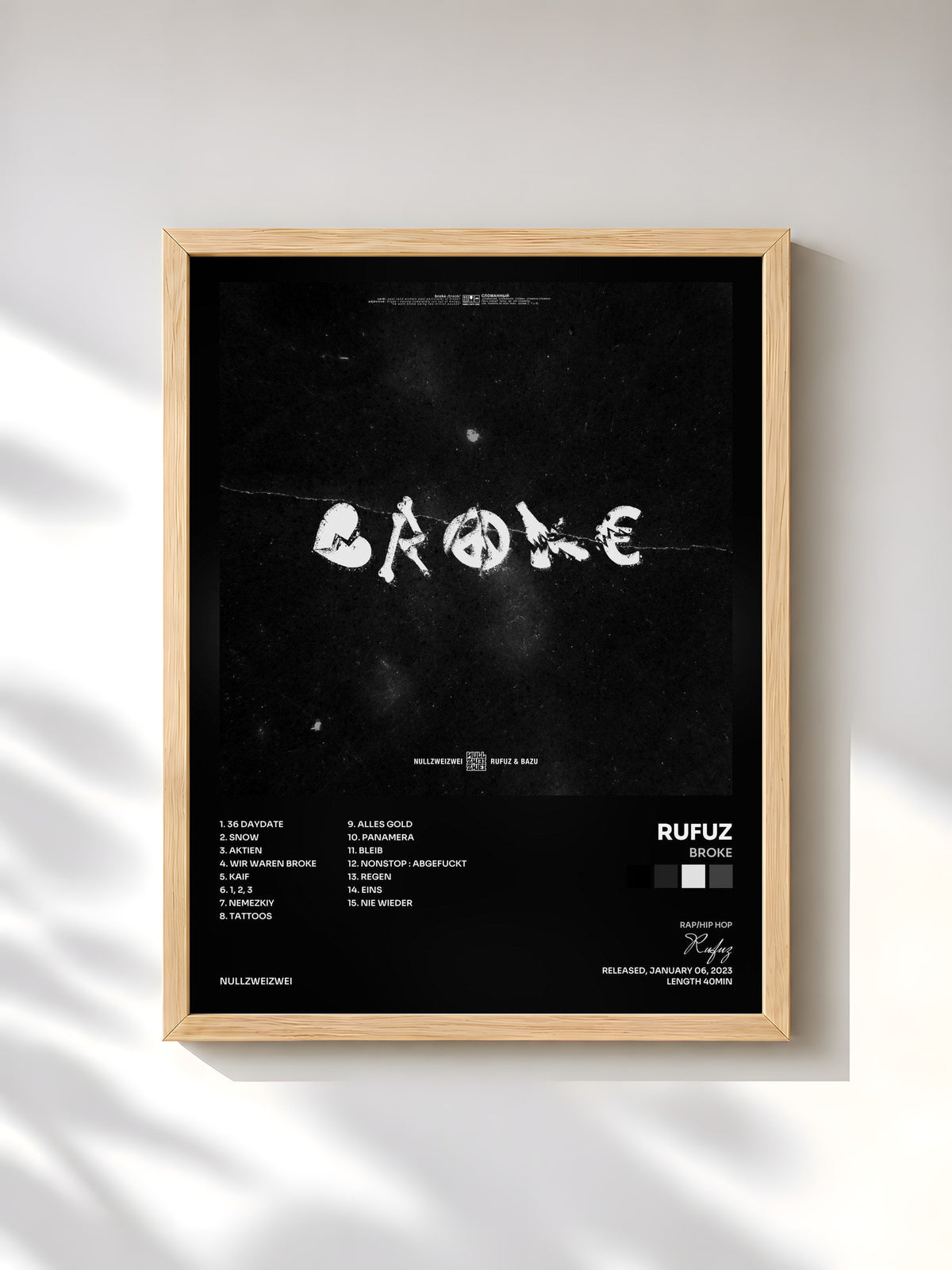 #bois Tableau de l'album BROKE de Rufuz, cadre en bois brut, imprimé et encadré en France