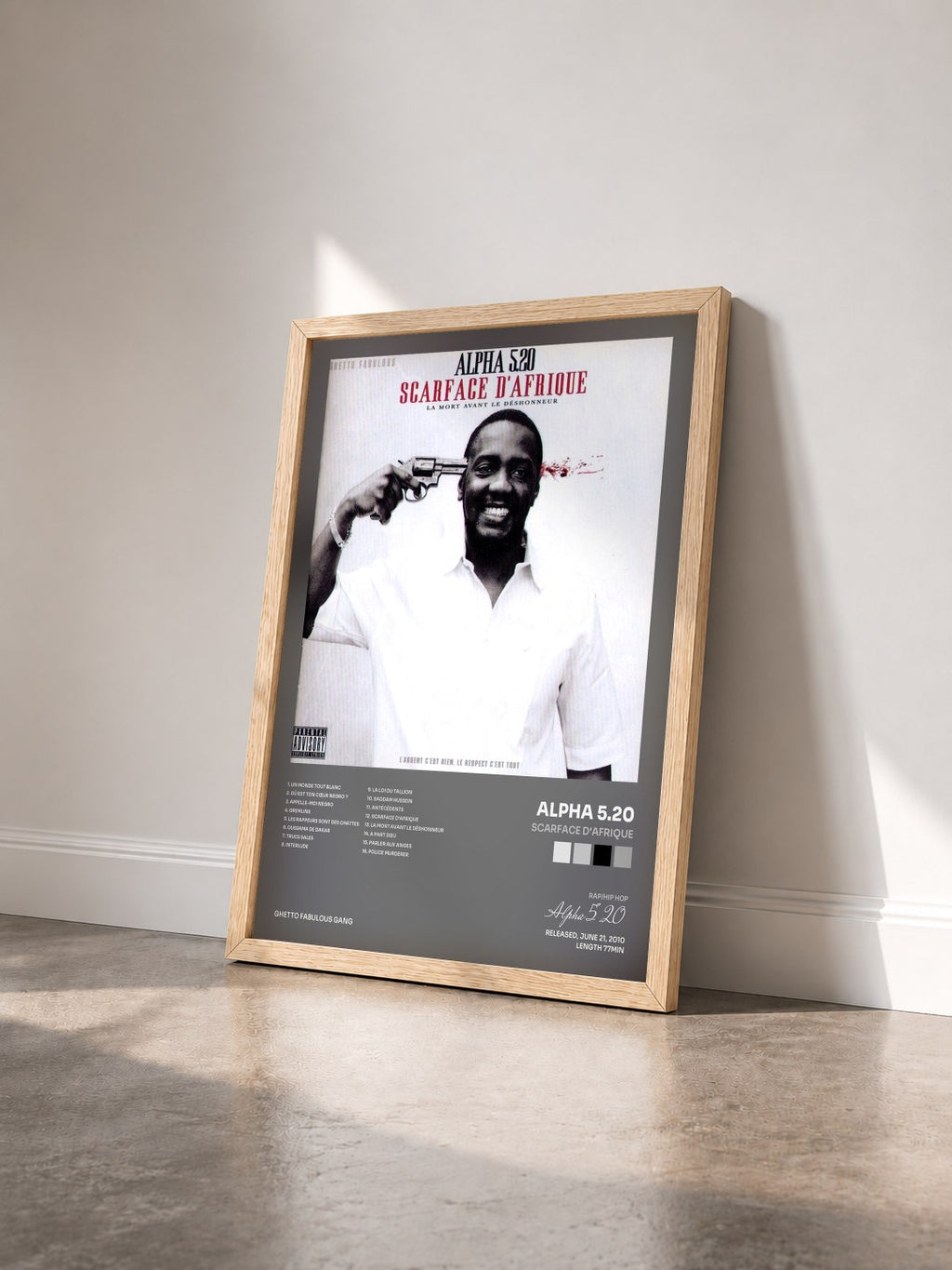 #bois Tableau de l'album Scarface d'Afrique de Alpha 5.20 vu de trois quarts, cadre en bois brut