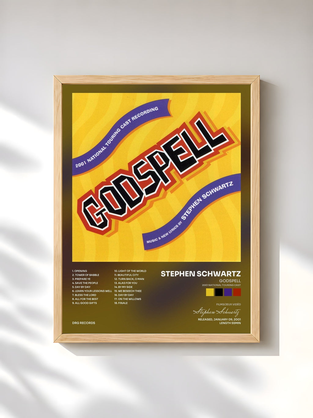#bois Tableau de l'album Godspell (2001 National Touring Cast) de Stephen Schwartz, cadre en bois brut, imprimé et encadré en France