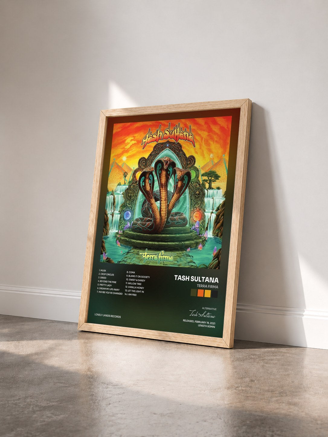 #bois Tableau de l'album Terra Firma de Tash Sultana vu de trois quarts, cadre en bois brut
