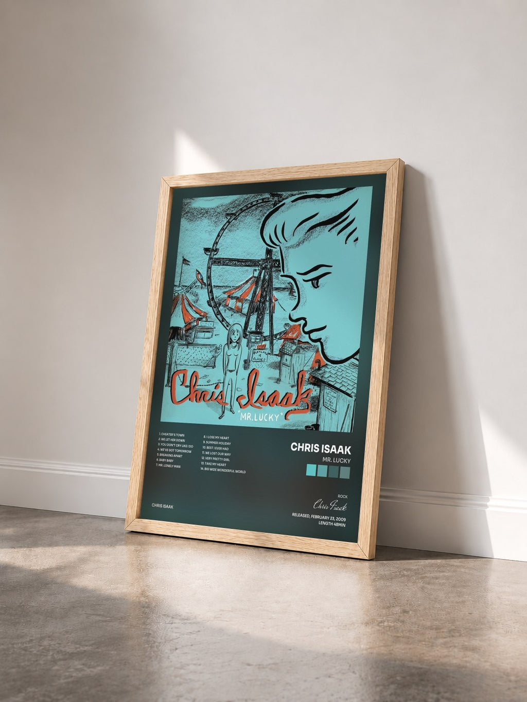 #bois Tableau de l'album Mr. Lucky de Chris Isaak vu de trois quarts, cadre en bois brut