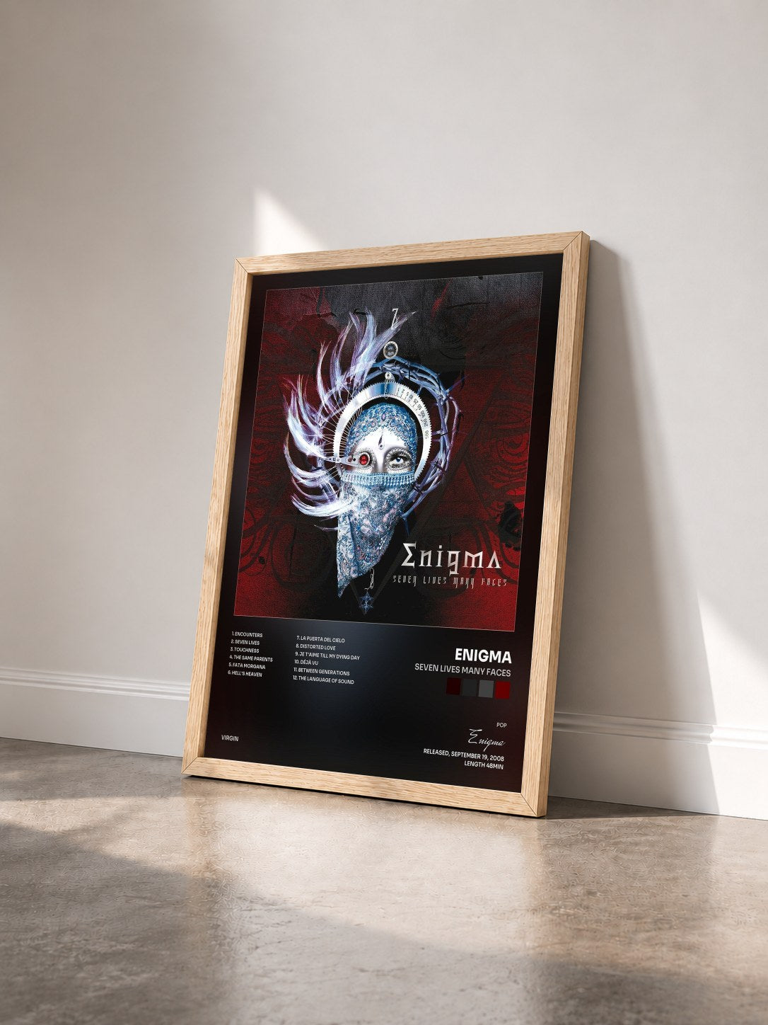 #bois Tableau de l'album Seven Lives Many Faces de Enigma vu de trois quarts, cadre en bois brut