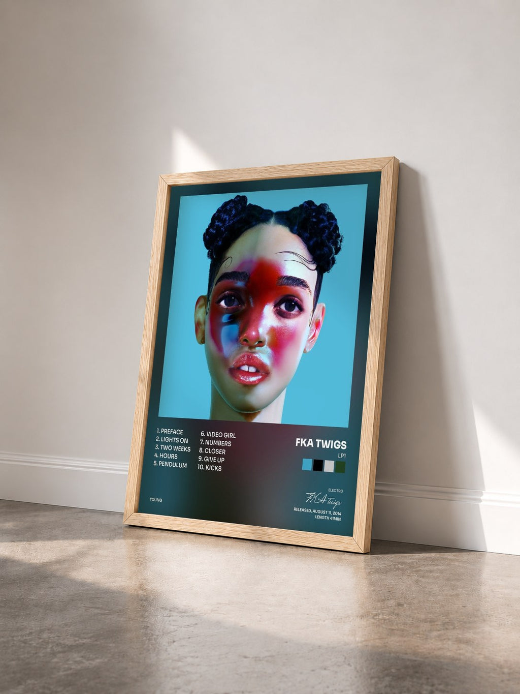 #bois Tableau de l'album LP1 de FKA twigs vu de trois quarts, cadre en bois brut