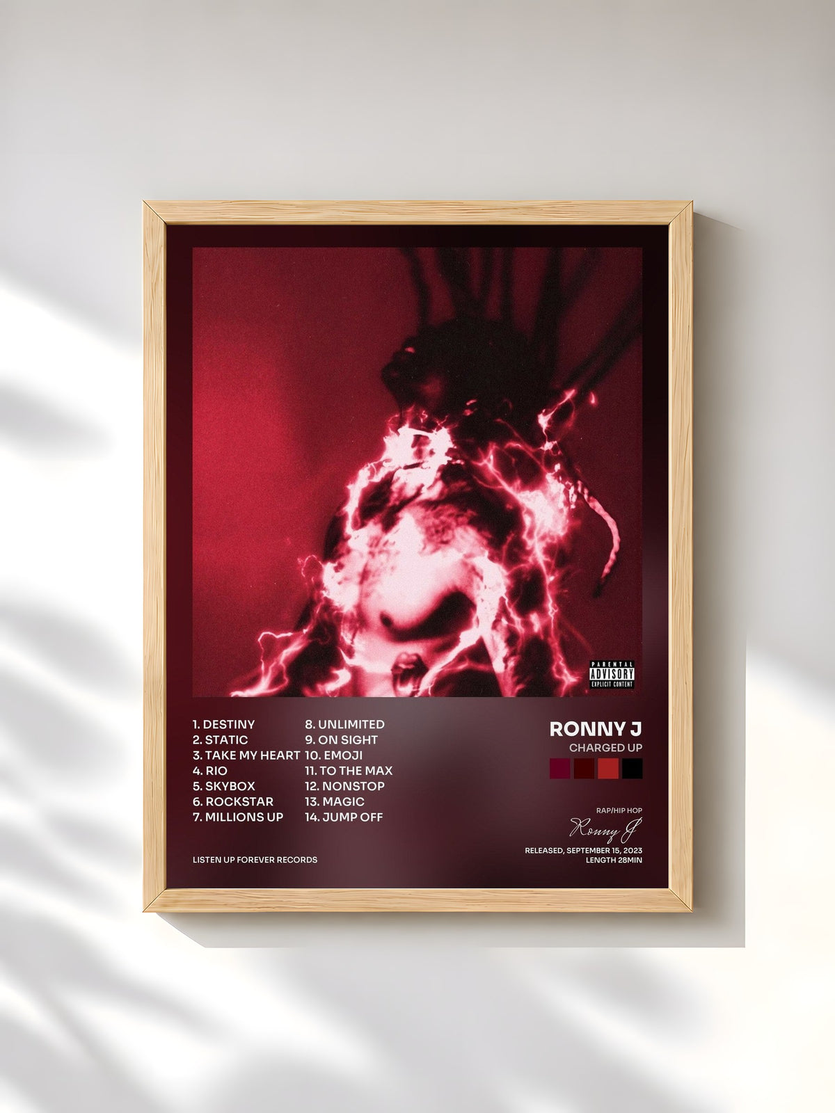 #bois Tableau de l'album CHARGED UP de Ronny J, cadre en bois brut, imprimé et encadré en France