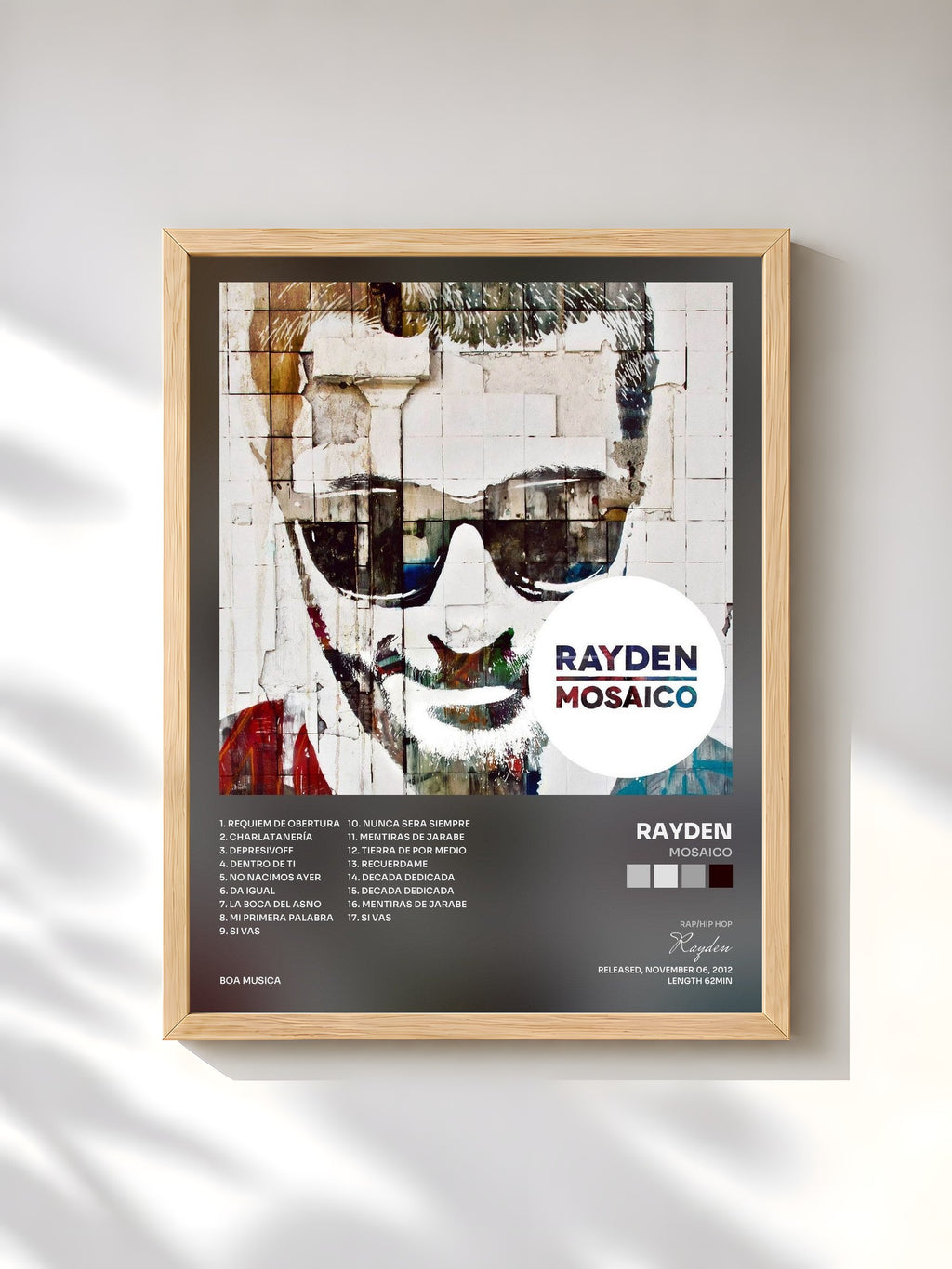 #bois Tableau de l'album Mosaico de Rayden, cadre en bois brut, imprimé et encadré en France