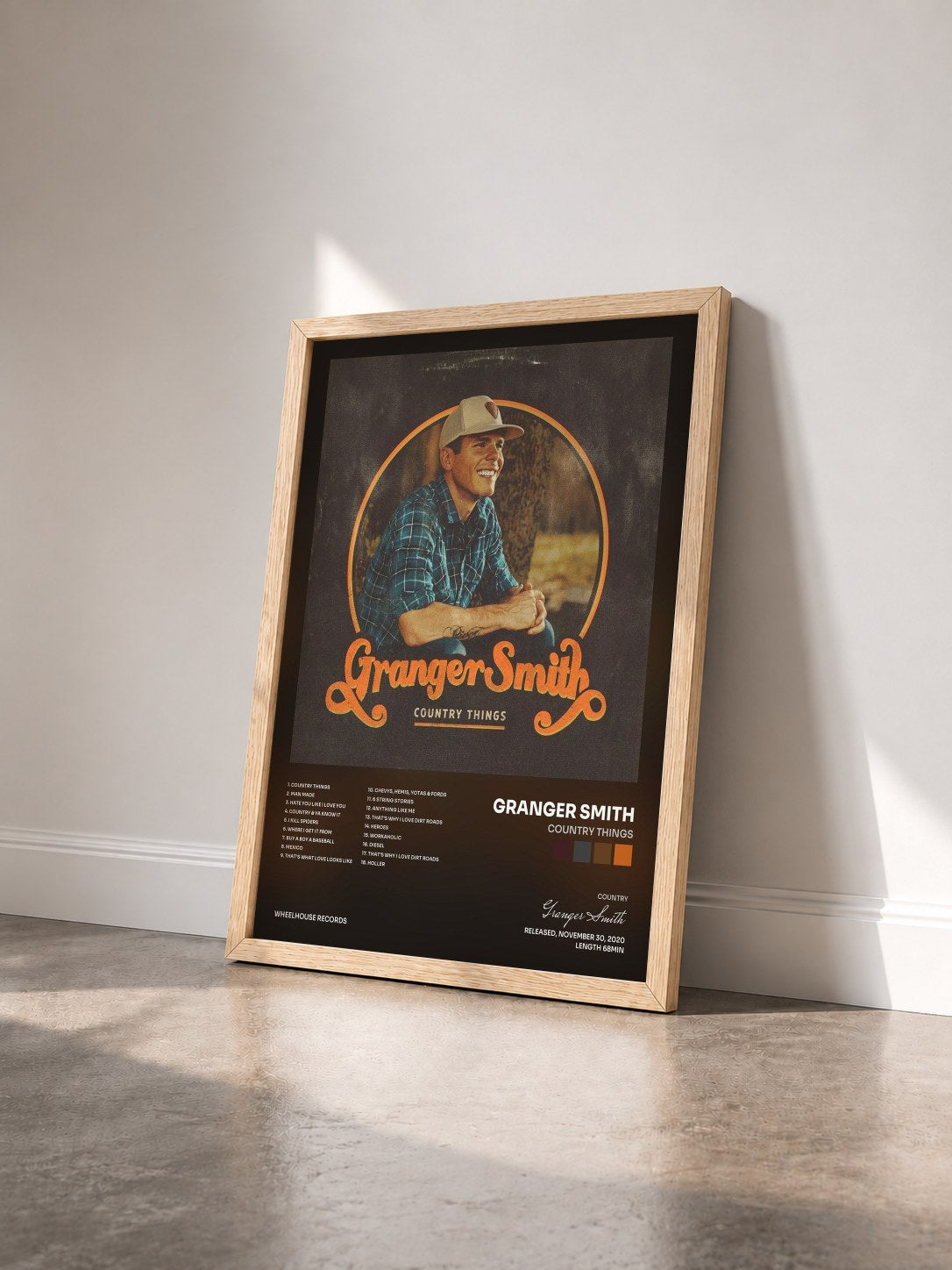 #bois Tableau de l'album Country Things de Granger Smith vu de trois quarts, cadre en bois brut