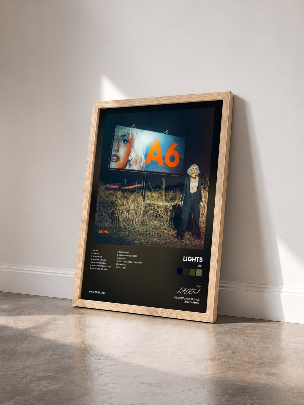 #bois Tableau de l'album A6 de LIGHTS vu de trois quarts, cadre en bois brut