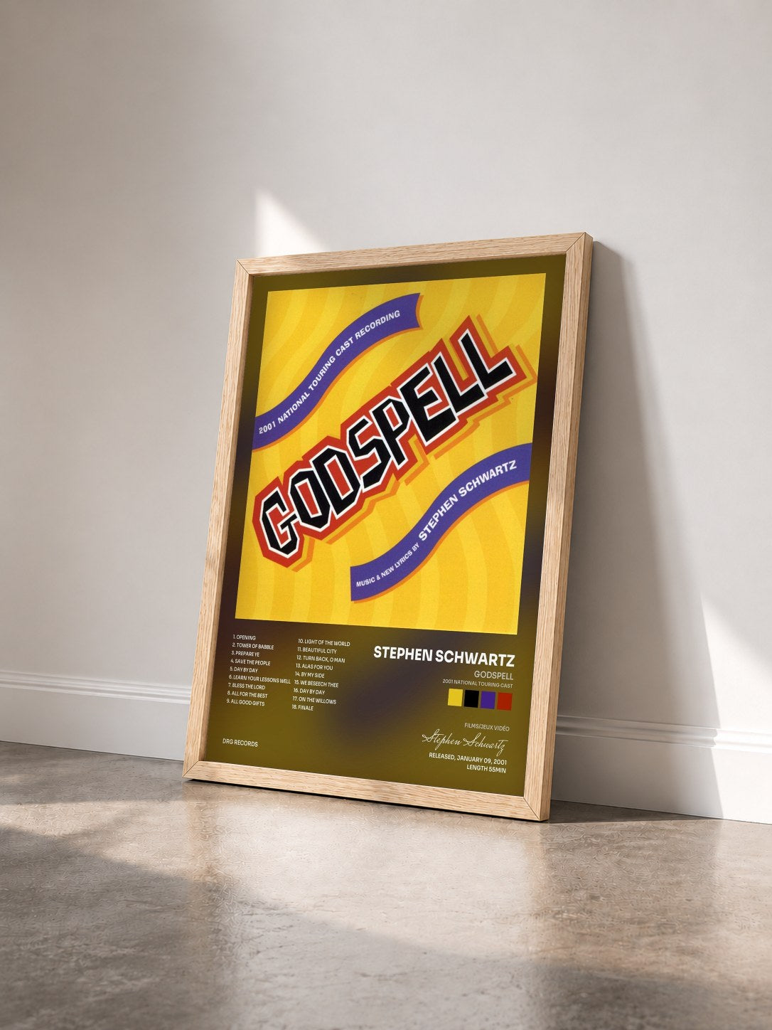#bois Tableau de l'album Godspell (2001 National Touring Cast) de Stephen Schwartz vu de trois quarts, cadre en bois brut