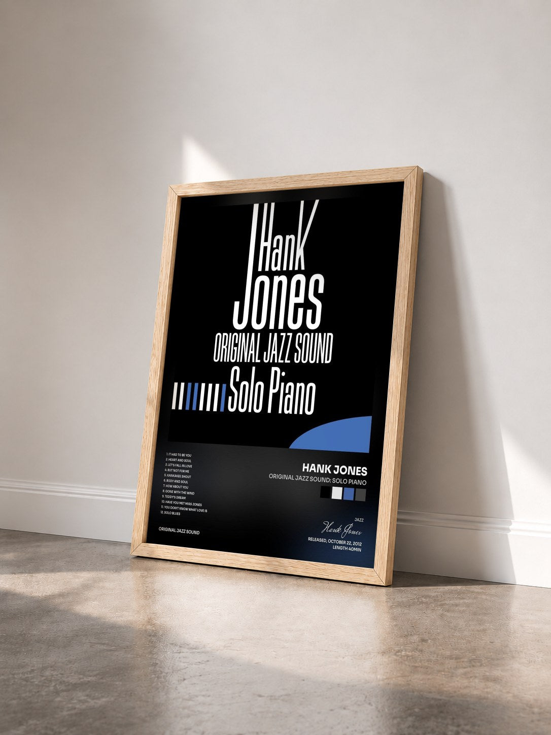 #bois Tableau de l'album Original Jazz Sound: Solo Piano de Hank Jones vu de trois quarts, cadre en bois brut