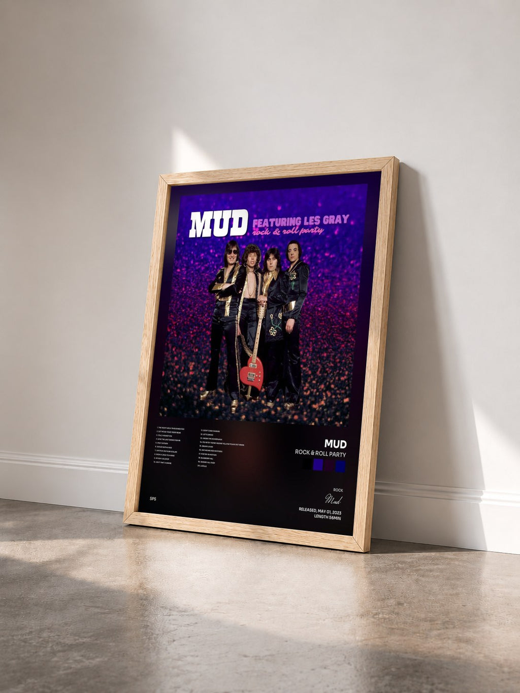 #bois Tableau de l'album Rock & Roll Party de Mud vu de trois quarts, cadre en bois brut