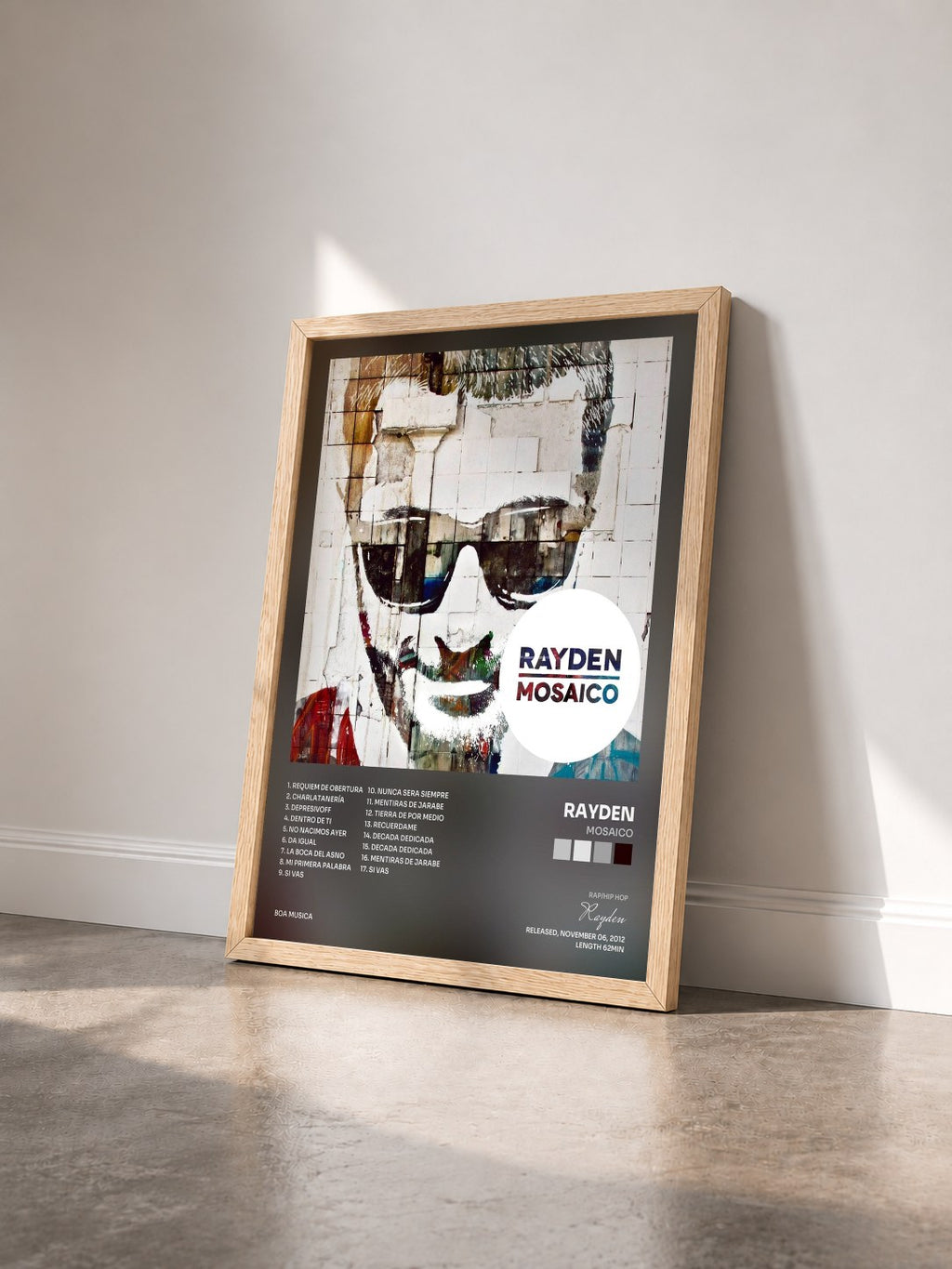 #bois Tableau de l'album Mosaico de Rayden vu de trois quarts, cadre en bois brut