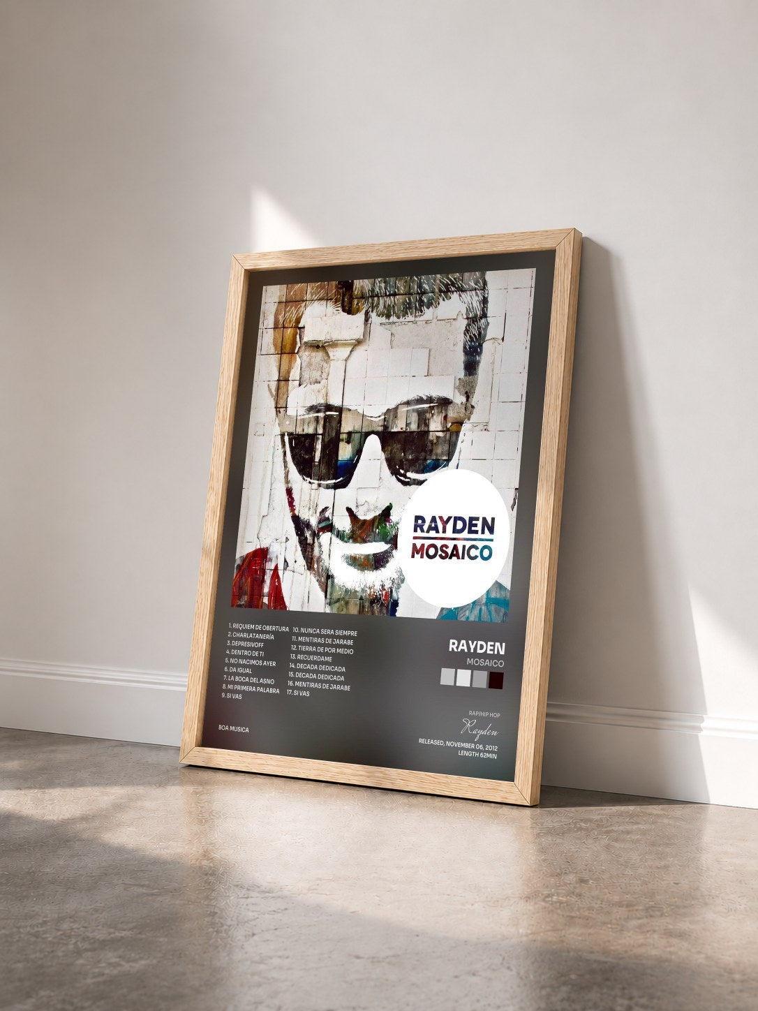 #bois Tableau de l'album Mosaico de Rayden vu de trois quarts, cadre en bois brut