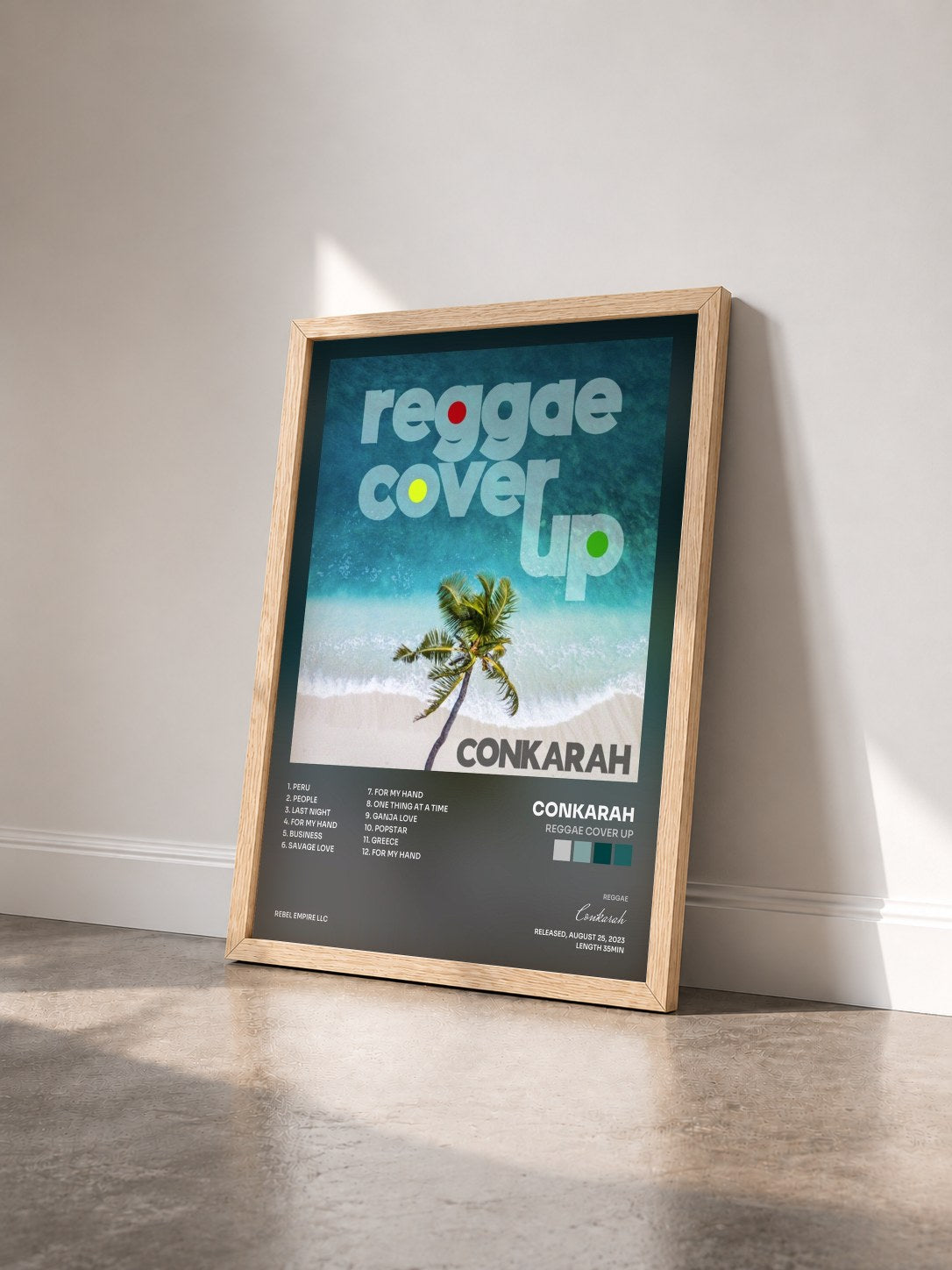 #bois Tableau de l'album Reggae Cover Up de Conkarah vu de trois quarts, cadre en bois brut