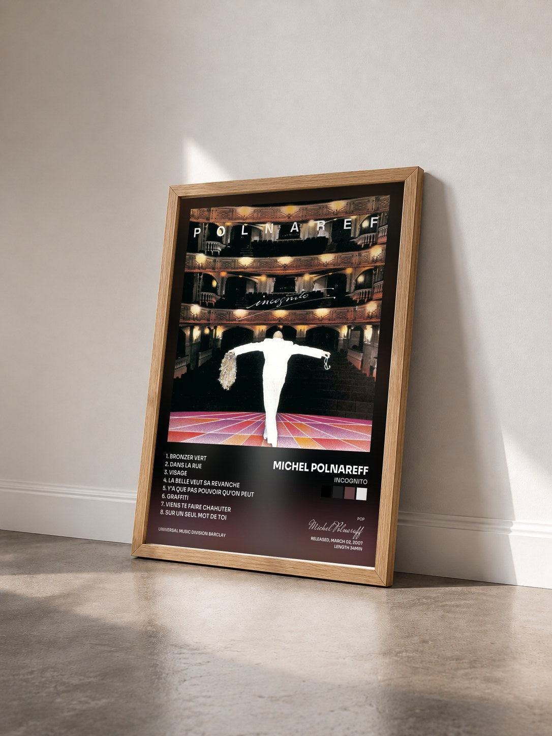 #bois Tableau de l'album Incognito de Michel Polnareff vu de trois quarts, cadre en bois brut