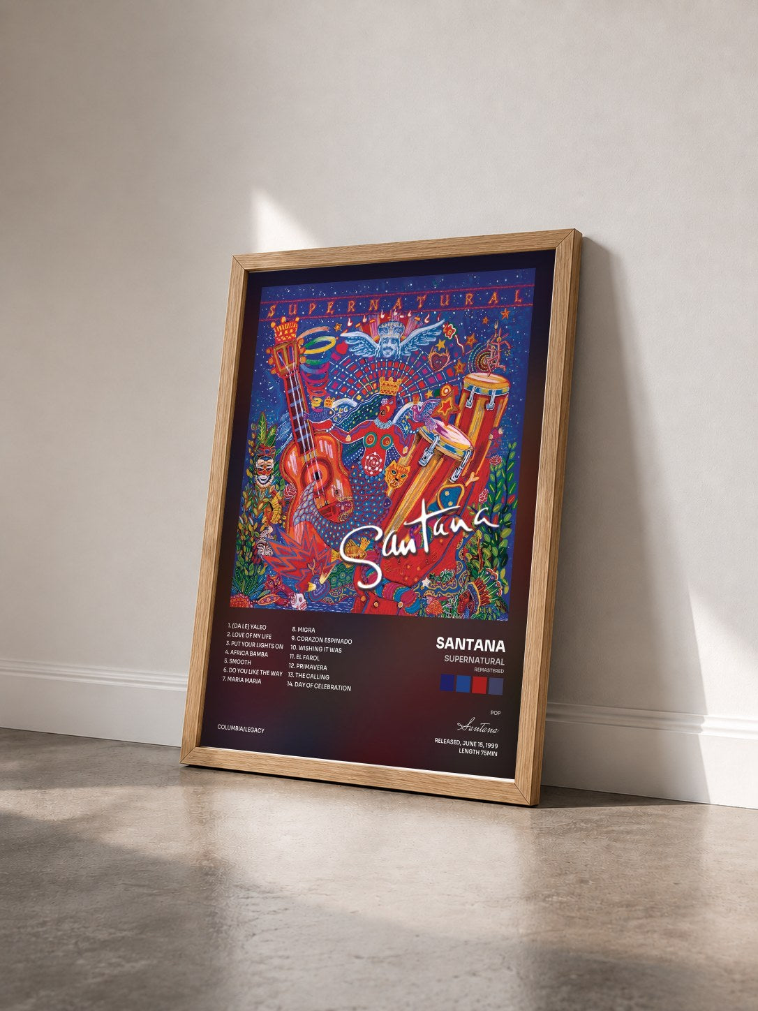 #bois Tableau de l'album Supernatural (Remastered) de Santana vu de trois quarts, cadre en bois brut