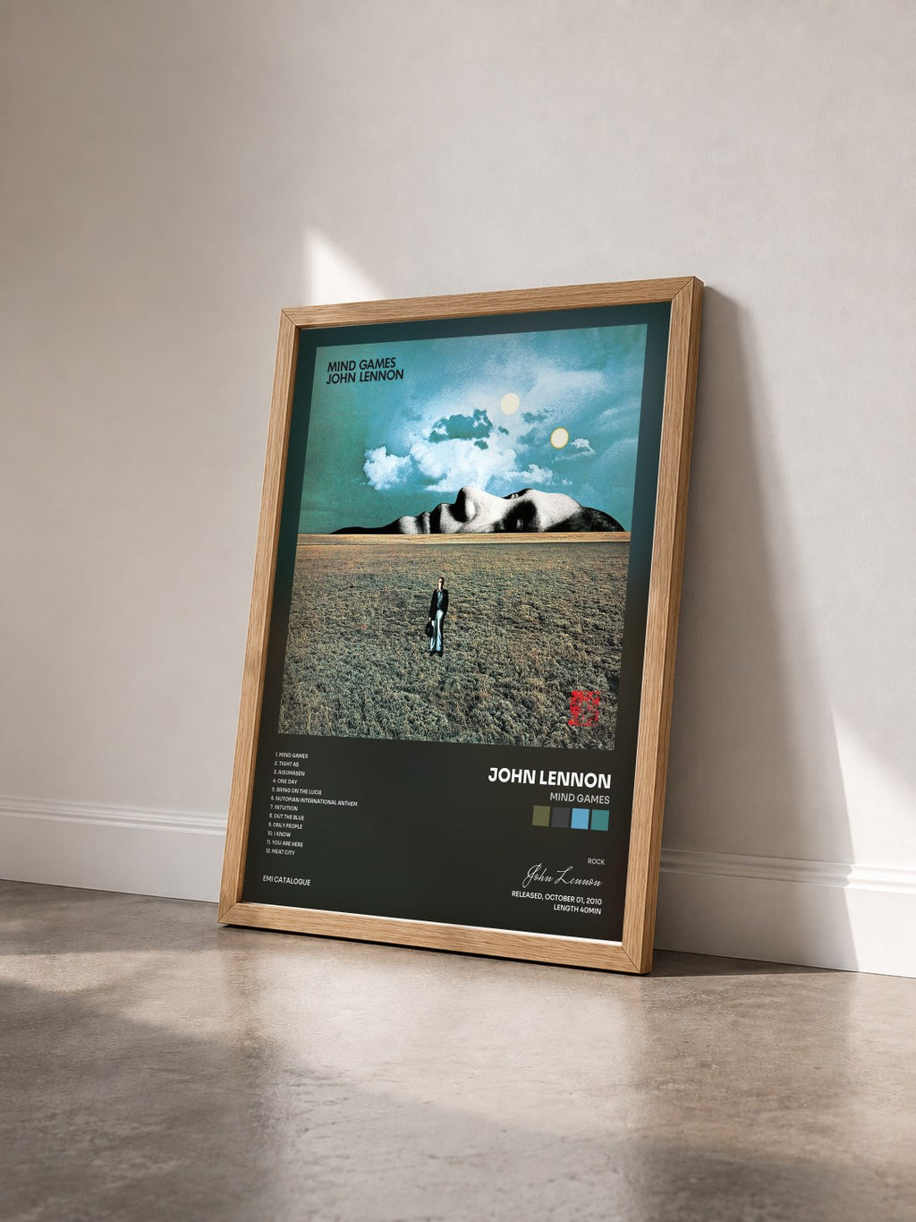 #bois Tableau de l'album Mind Games de John Lennon vu de trois quarts, cadre en bois brut