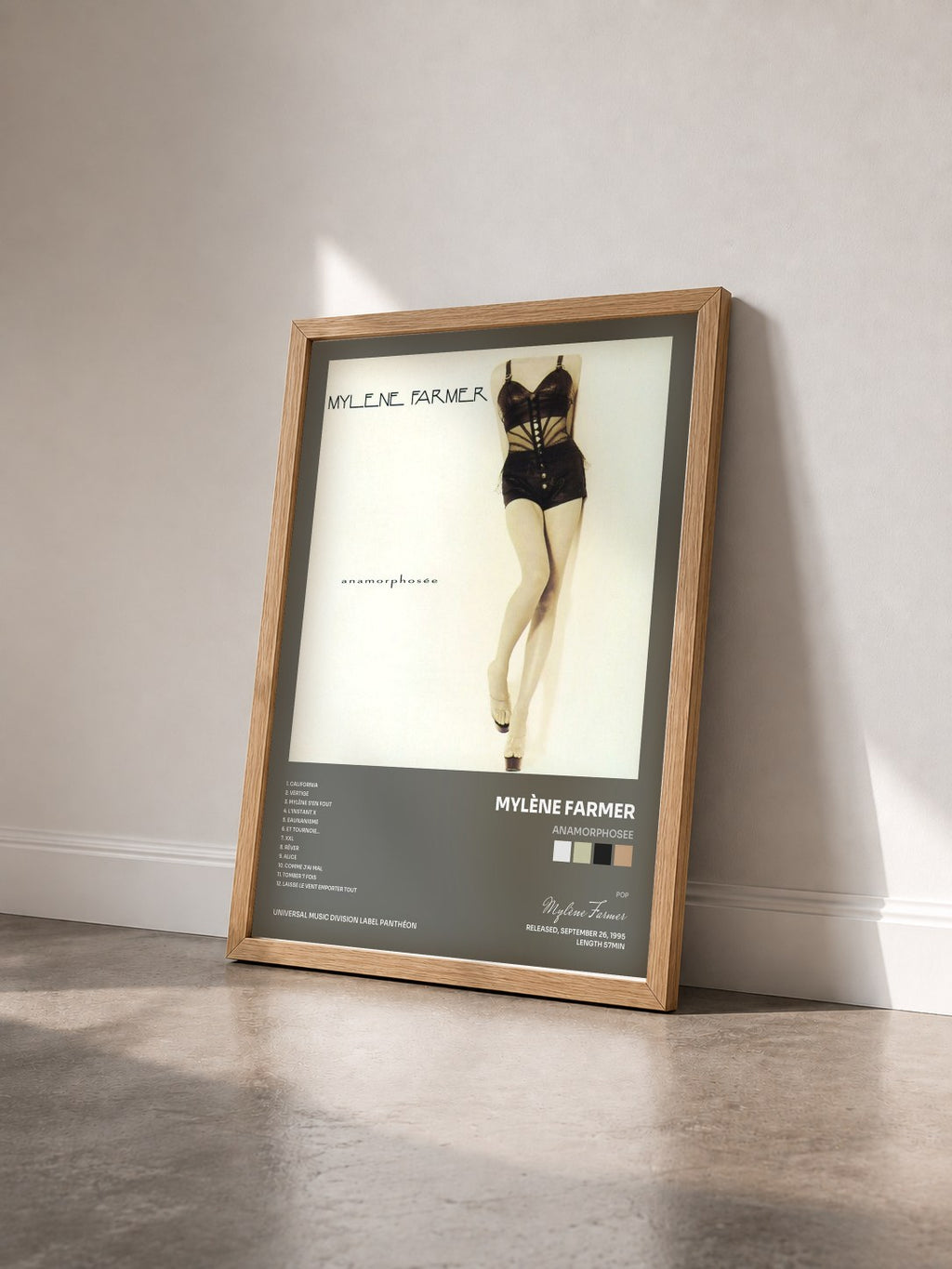 #bois Tableau de l'album Anamorphosee de Mylène Farmer vu de trois quarts, cadre en bois brut
