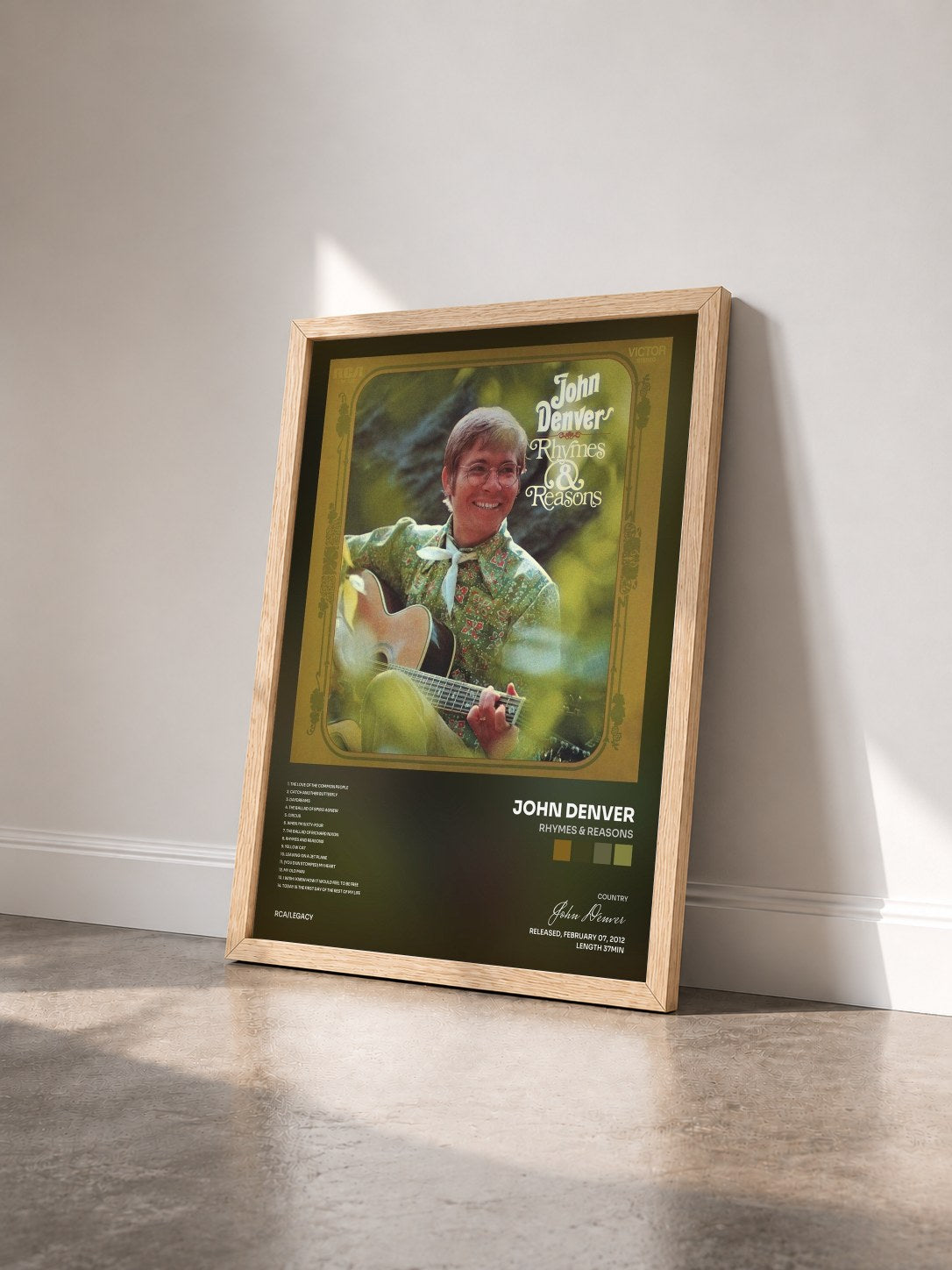 #bois Tableau de l'album Rhymes & Reasons de John Denver vu de trois quarts, cadre en bois brut