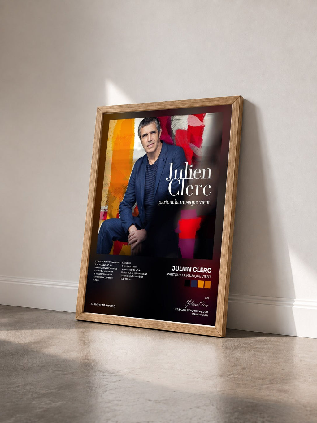 #bois Tableau de l'album Partout la musique vient de Julien Clerc vu de trois quarts, cadre en bois brut