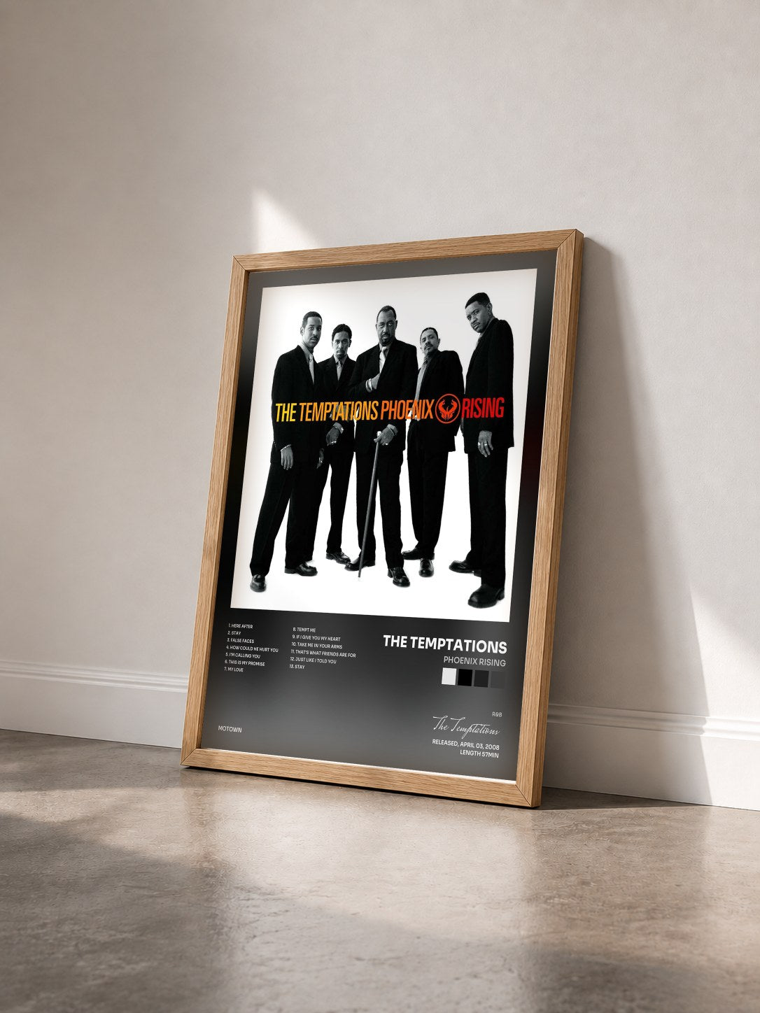 #bois Tableau de l'album Phoenix Rising de The Temptations vu de trois quarts, cadre en bois brut