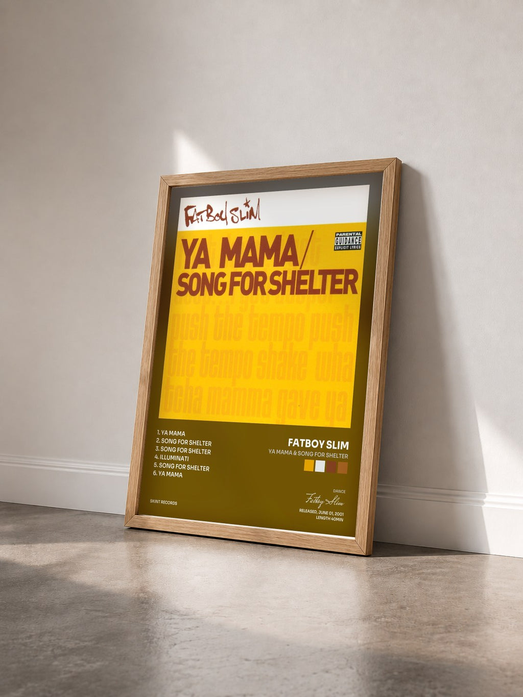 #bois Tableau de l'album Ya Mama & Song for Shelter de Fatboy Slim vu de trois quarts, cadre en bois brut