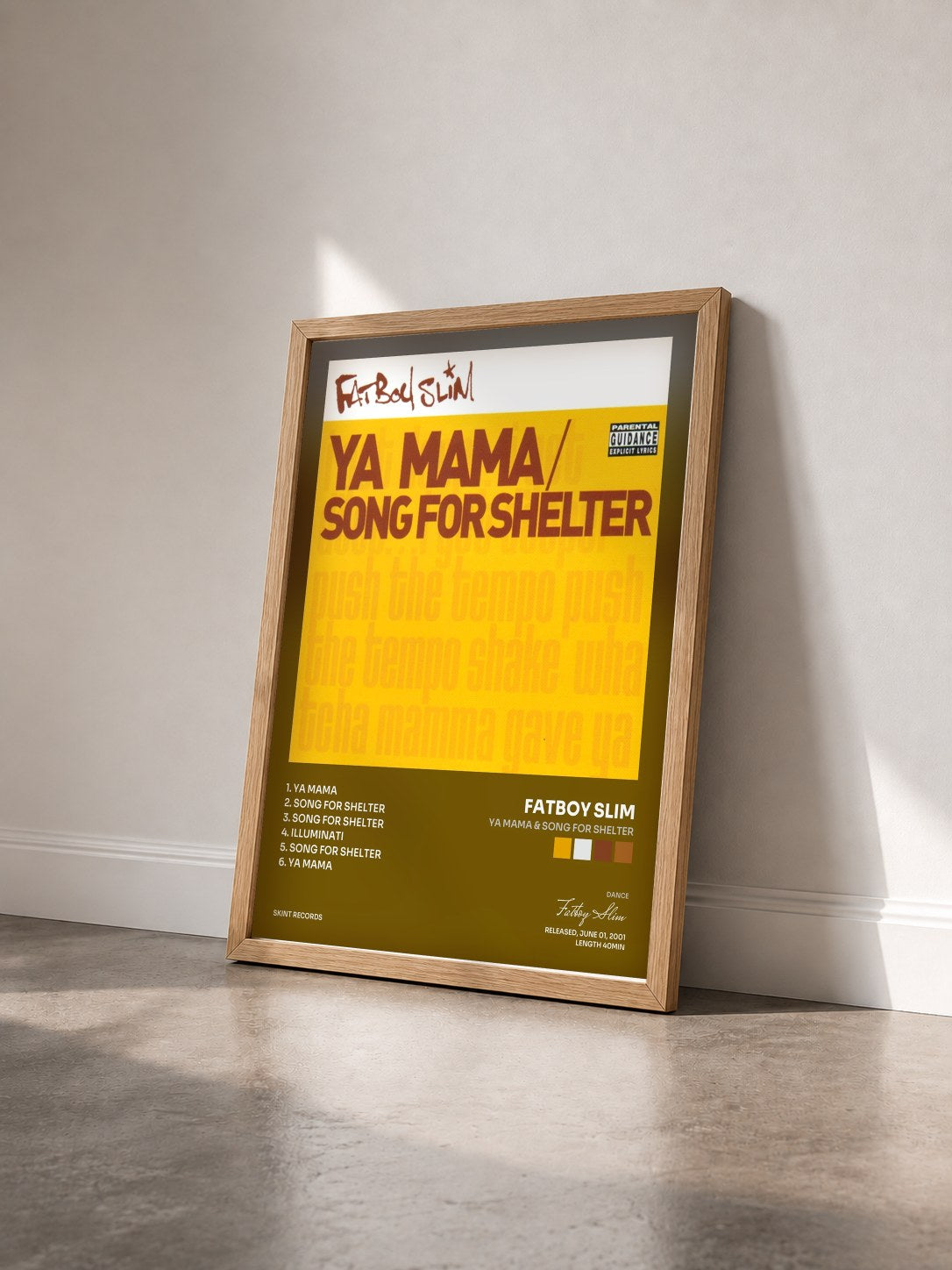 #bois Tableau de l'album Ya Mama & Song for Shelter de Fatboy Slim vu de trois quarts, cadre en bois brut