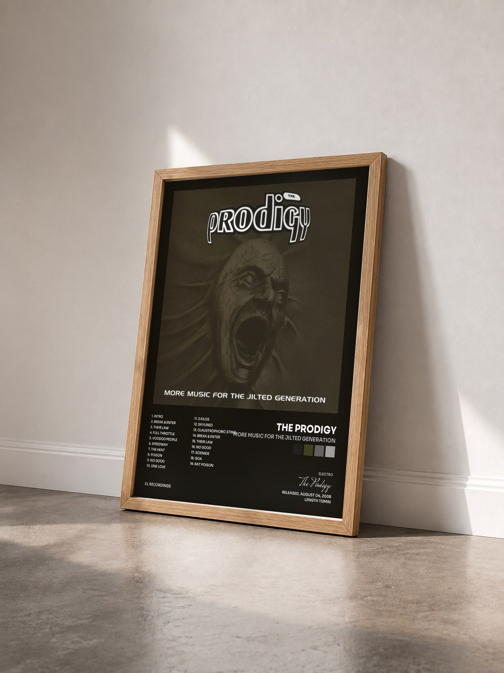#bois Tableau de l'album More Music for the Jilted Generation de The Prodigy vu de trois quarts, cadre en bois brut