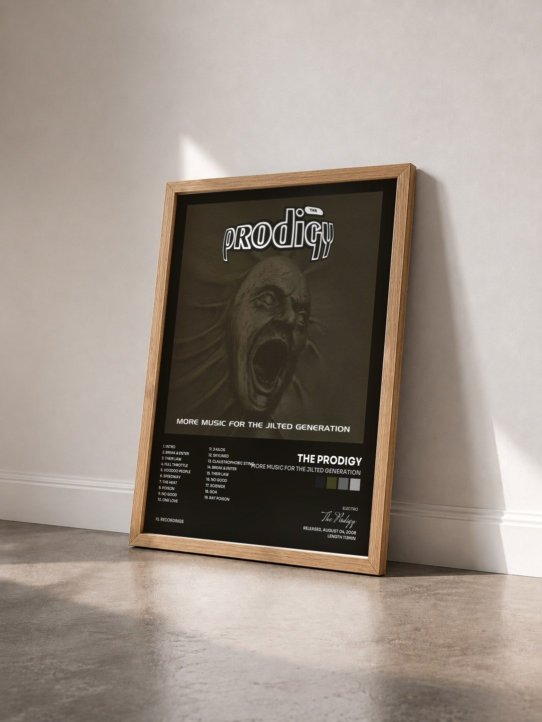 #bois Tableau de l'album More Music for the Jilted Generation de The Prodigy vu de trois quarts, cadre en bois brut