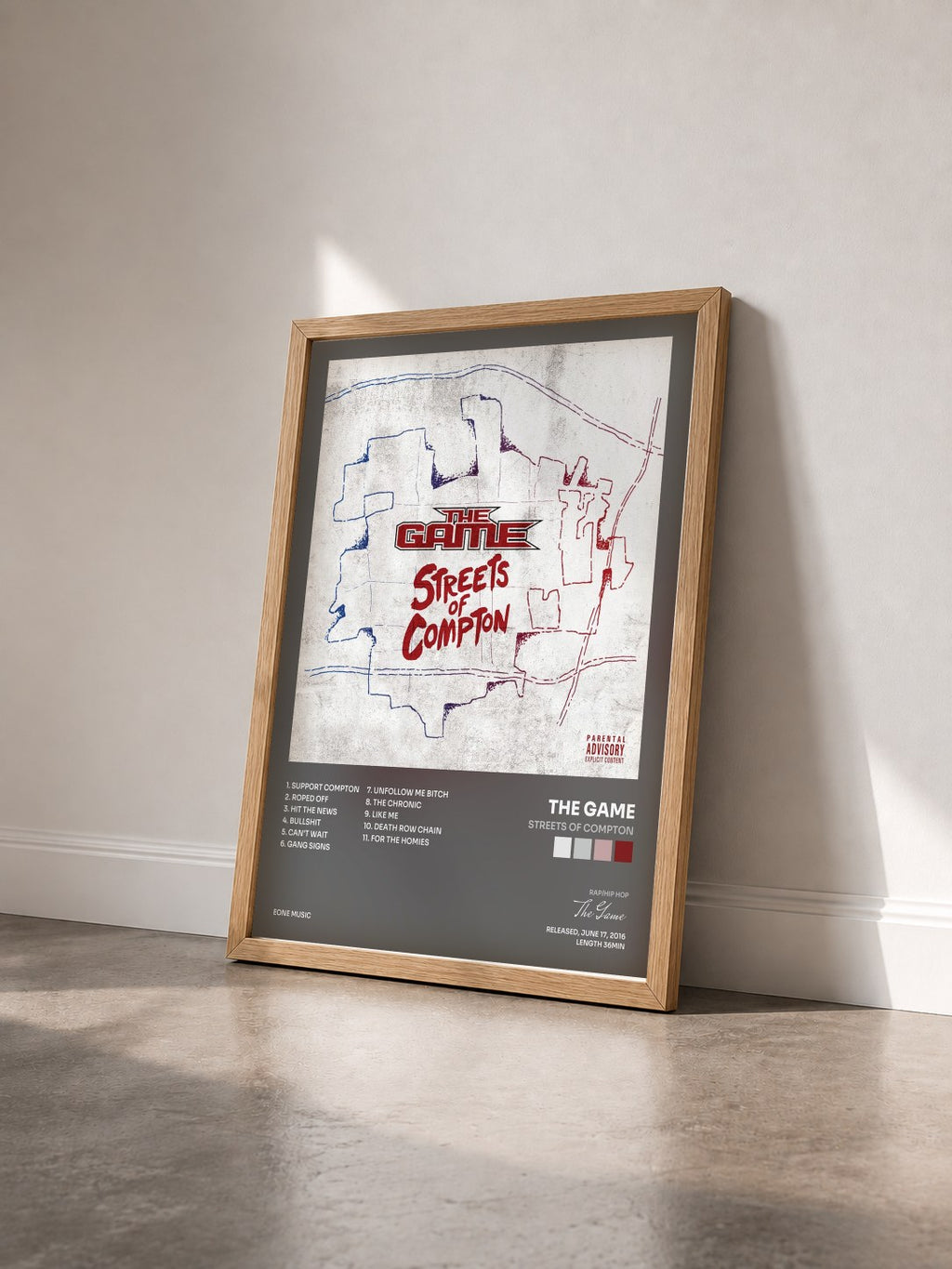 #bois Tableau de l'album Streets Of Compton de The Game vu de trois quarts, cadre en bois brut