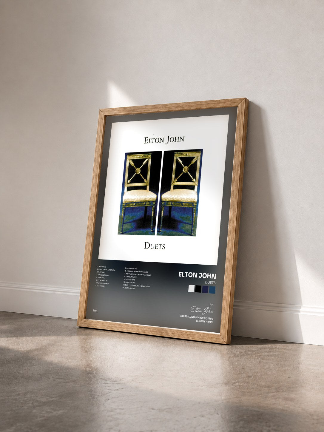 #bois Tableau de l'album Duets de Elton John vu de trois quarts, cadre en bois brut