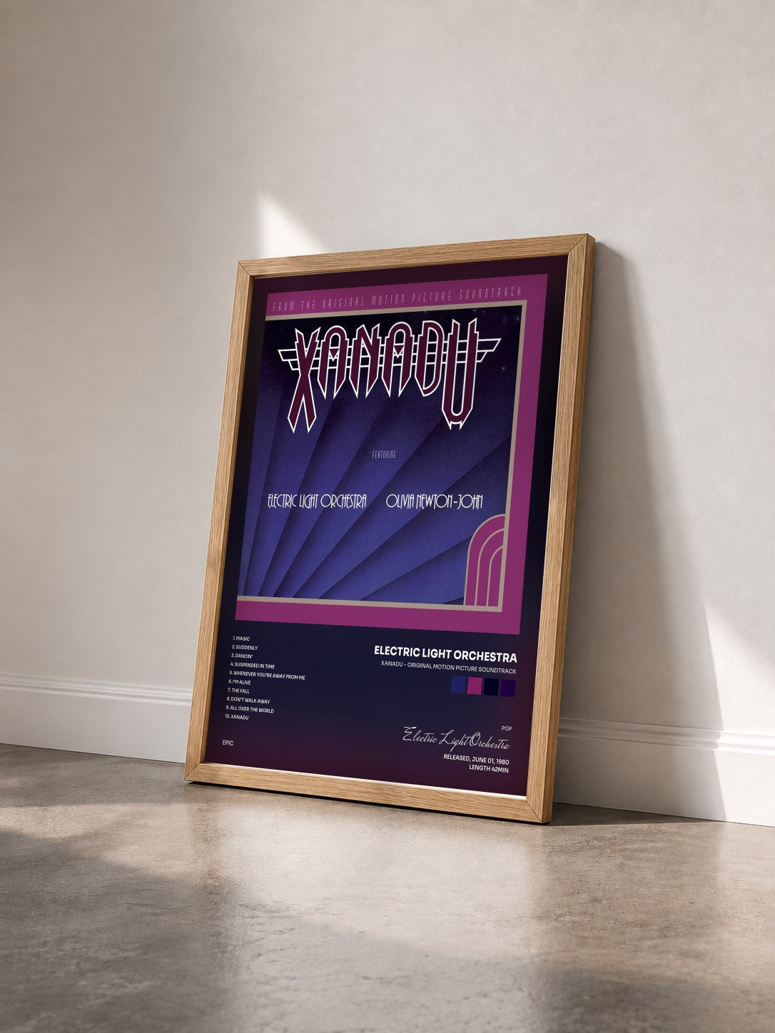 #bois Tableau de l'album Xanadu - Original Motion Picture Soundtrack de Electric Light Orchestra vu de trois quarts, cadre en bois brut