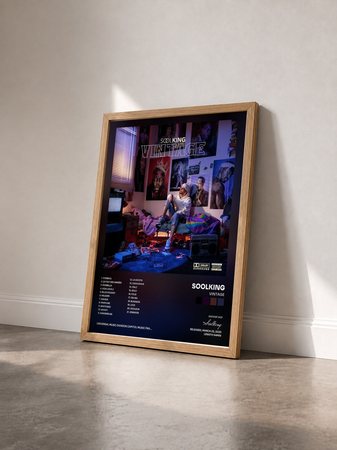 #bois Tableau de l'album Vintage de Soolking vu de trois quarts, cadre en bois brut
