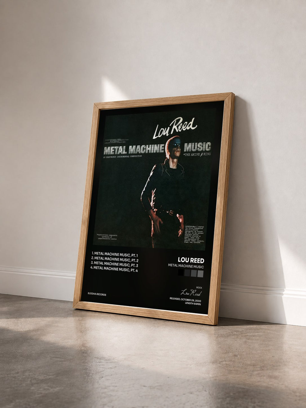 #bois Tableau de l'album Metal Machine Music de Lou Reed vu de trois quarts, cadre en bois brut