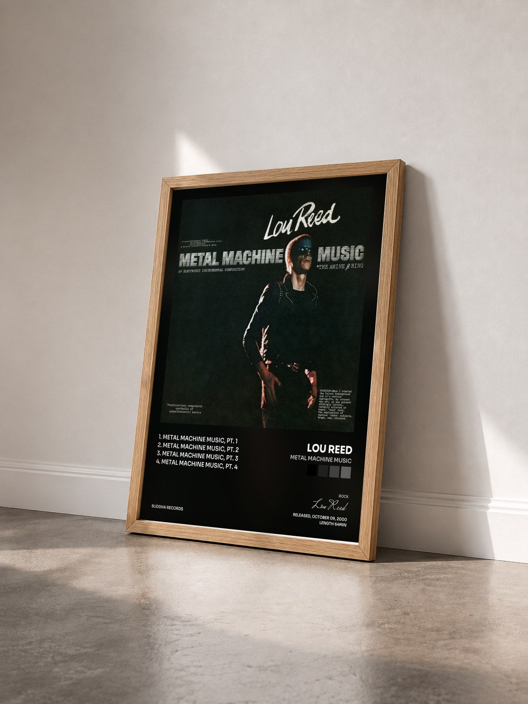 #bois Tableau de l'album Metal Machine Music de Lou Reed vu de trois quarts, cadre en bois brut
