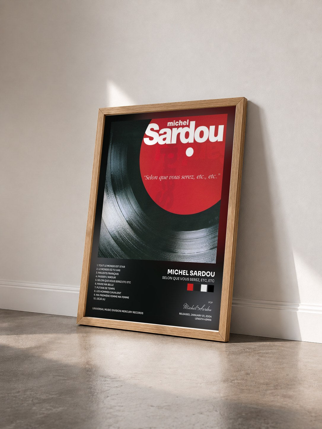 #bois Tableau de l'album Selon Que Vous Serez, Etc, Etc de Michel Sardou vu de trois quarts, cadre en bois brut