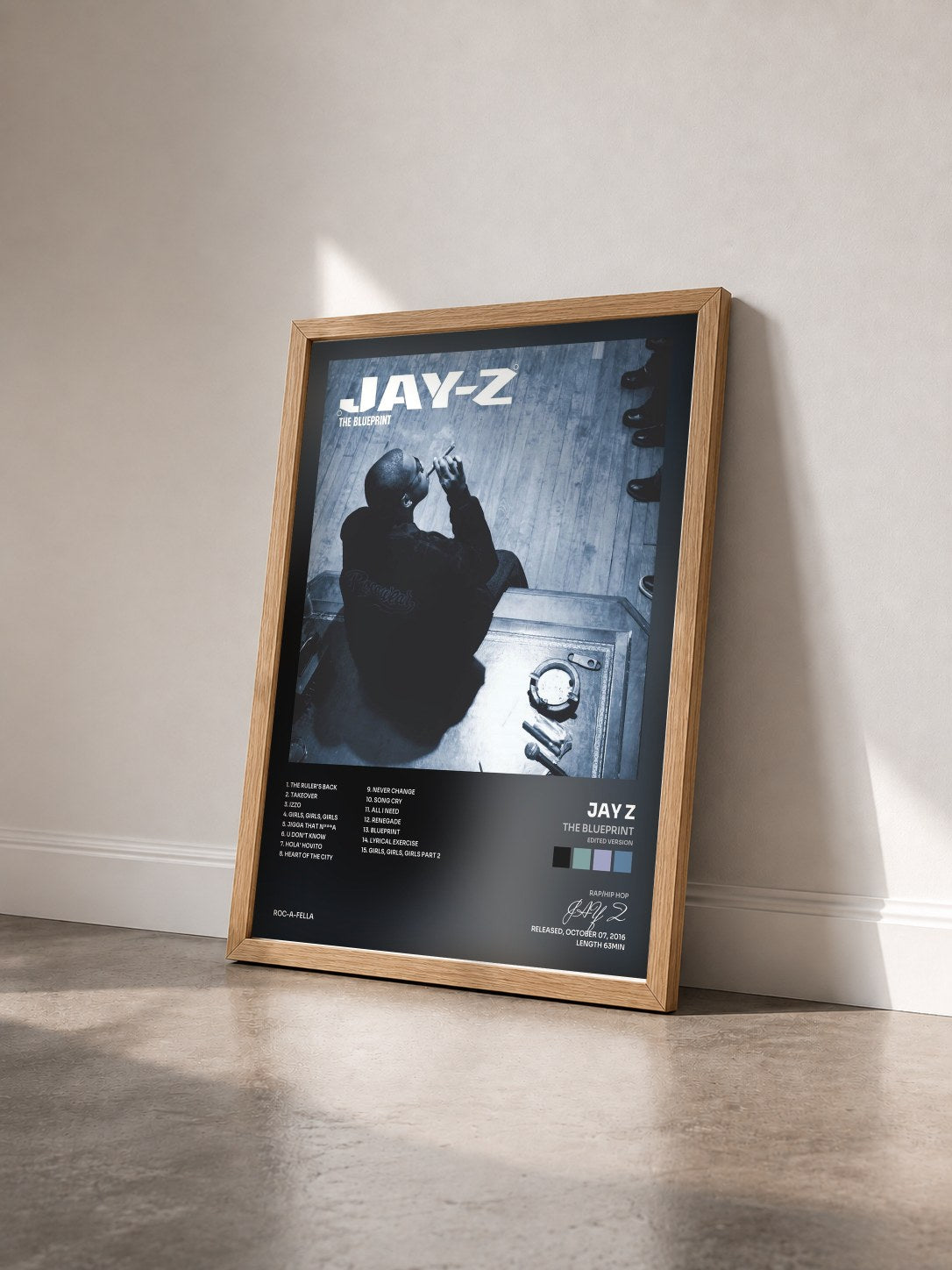 #bois Tableau de l'album The Blueprint (Edited Version) de JAY Z vu de trois quarts, cadre en bois brut