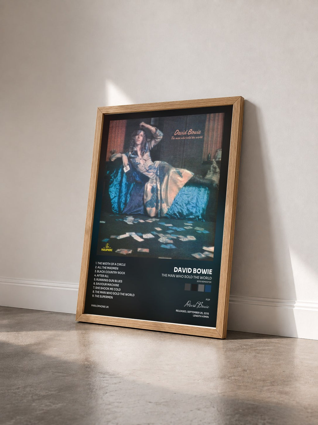 #bois Tableau de l'album The Man Who Sold the World (2015 Remaster) de David Bowie vu de trois quarts, cadre en bois brut