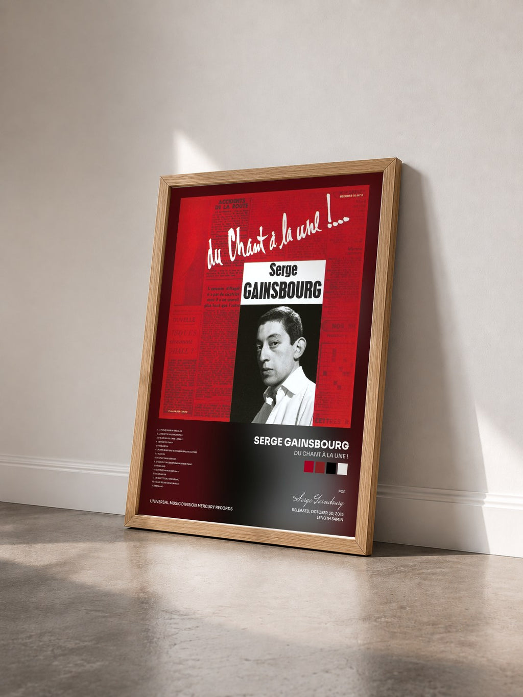 #bois Tableau de l'album Du chant à la une ! de Serge Gainsbourg vu de trois quarts, cadre en bois brut