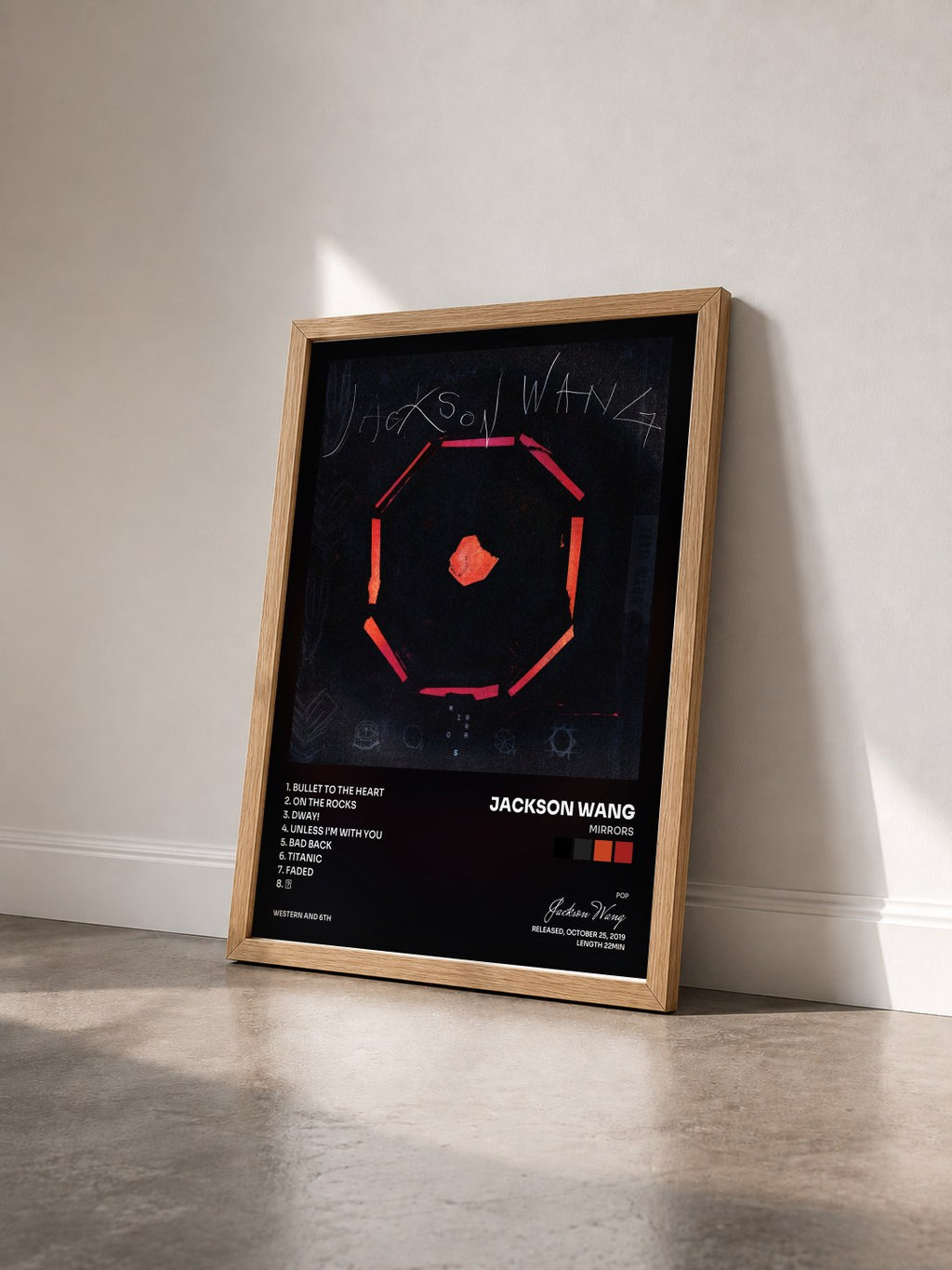 #bois Tableau de l'album MIRRORS de Jackson Wang vu de trois quarts, cadre en bois brut