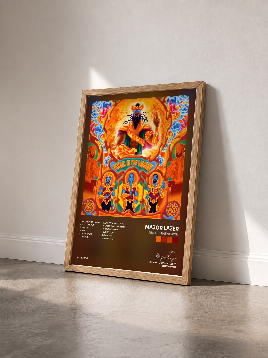 #bois Tableau de l'album Music is the Weapon de Major Lazer vu de trois quarts, cadre en bois brut