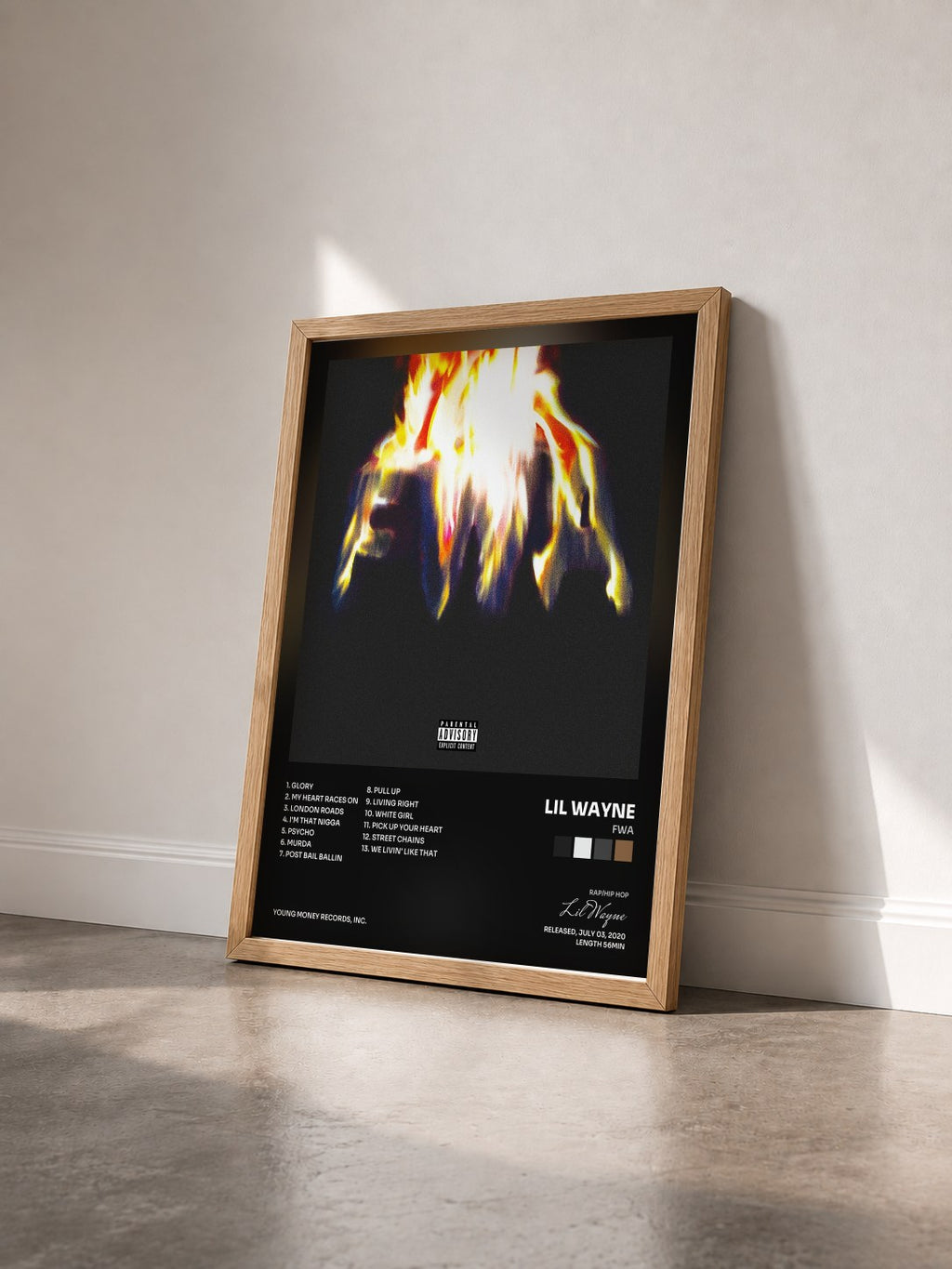 #bois Tableau de l'album FWA de Lil Wayne vu de trois quarts, cadre en bois brut