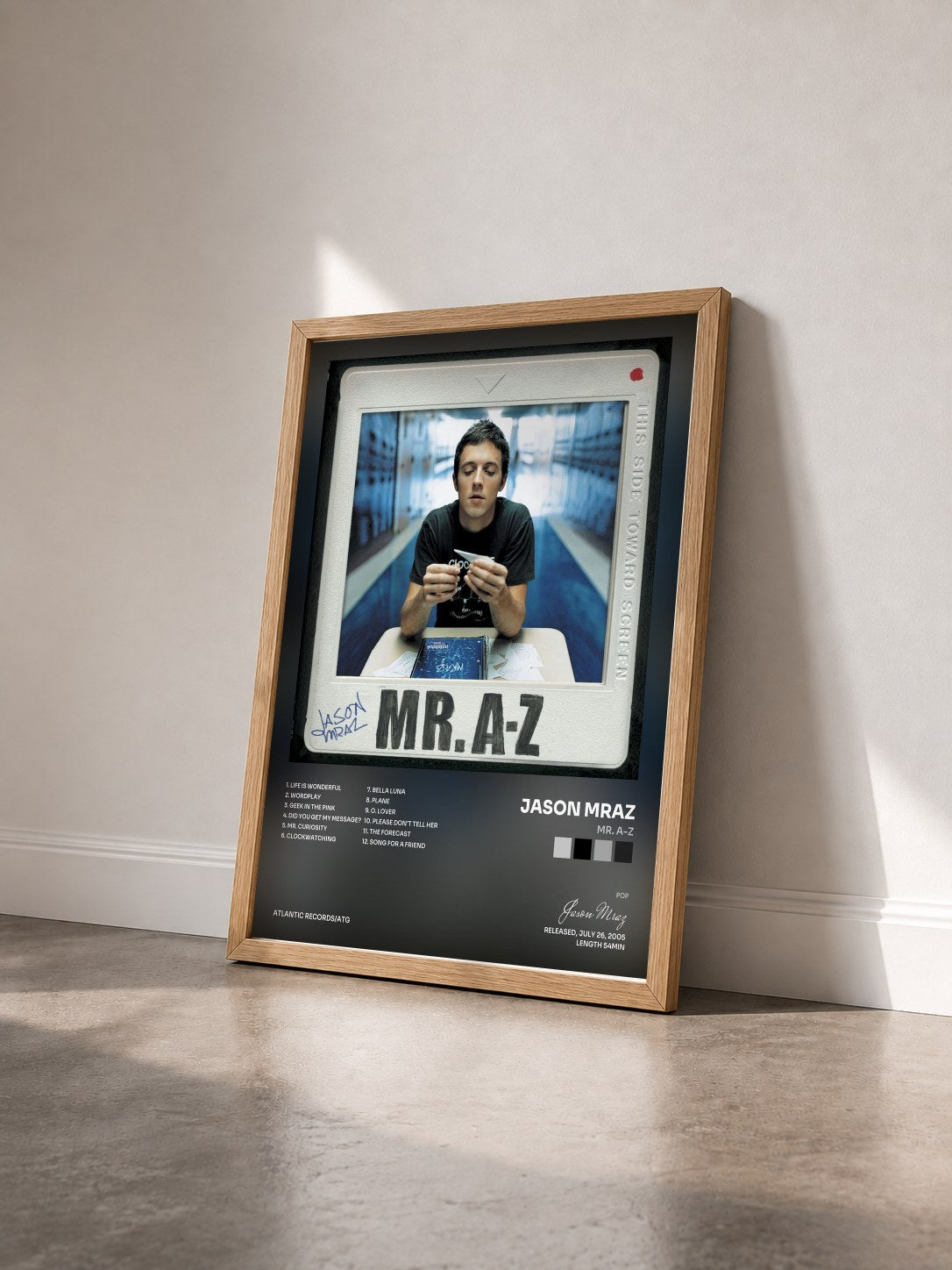 #bois Tableau de l'album Mr. A-Z de Jason Mraz vu de trois quarts, cadre en bois brut