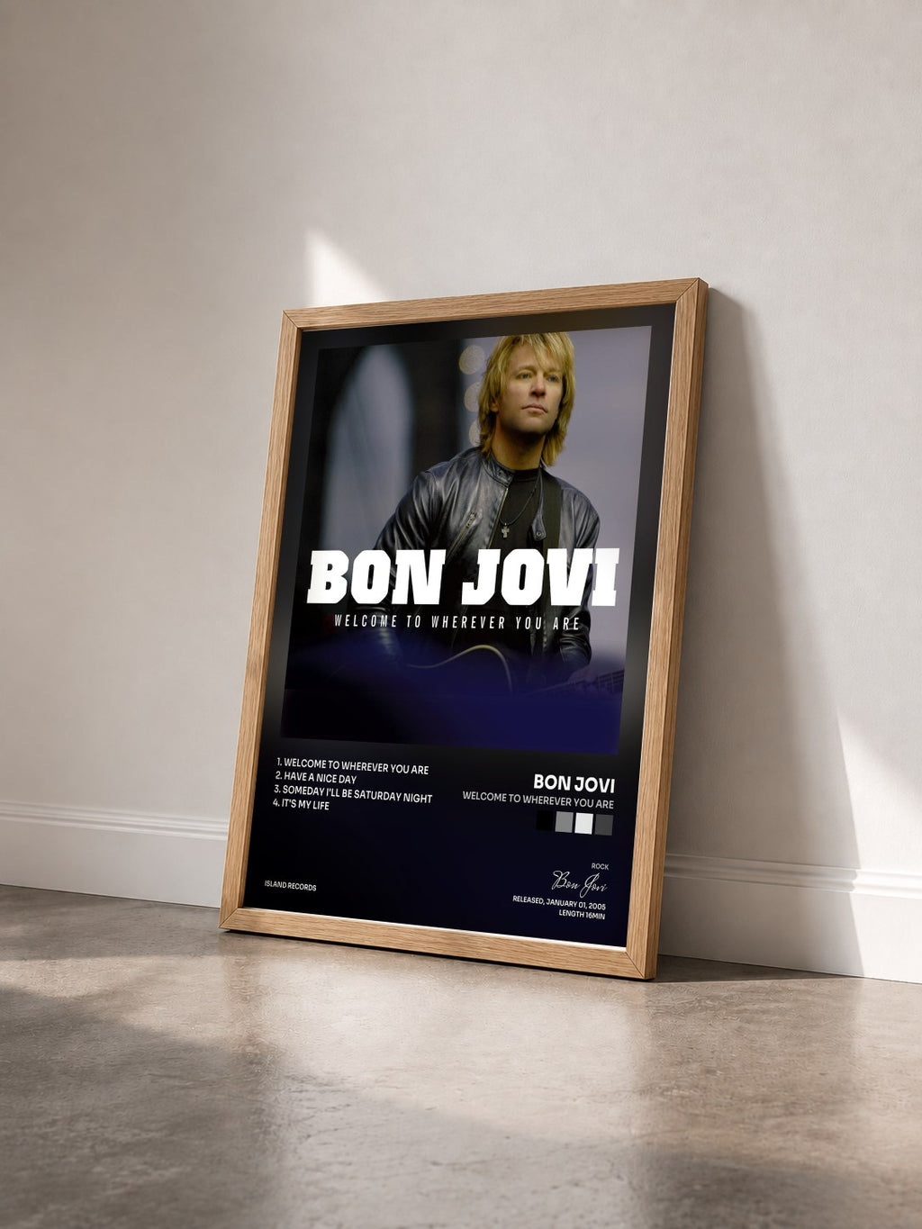 #bois Tableau de l'album Welcome To Wherever You Are de Bon Jovi vu de trois quarts, cadre en bois brut