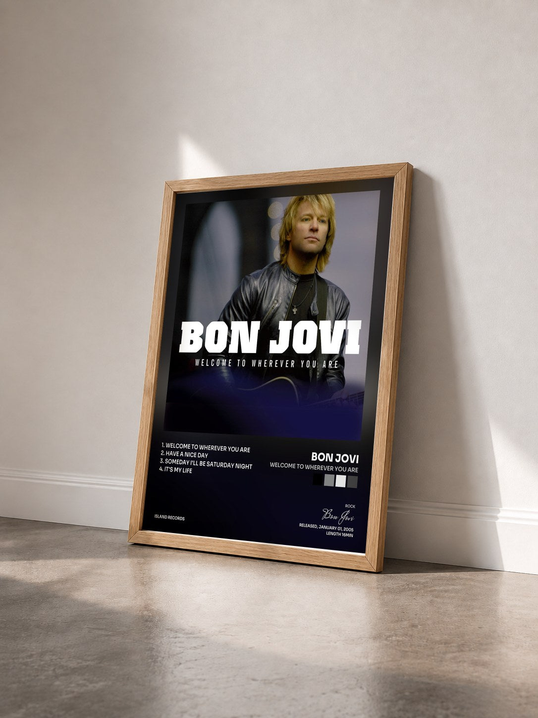 #bois Tableau de l'album Welcome To Wherever You Are de Bon Jovi vu de trois quarts, cadre en bois brut