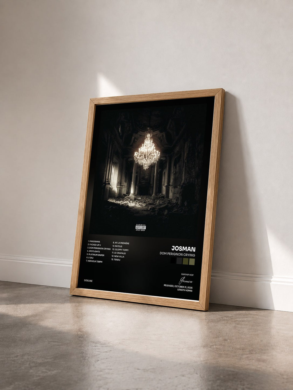 #bois Tableau de l'album DOM PERIGNON CRYING de Josman vu de trois quarts, cadre en bois brut