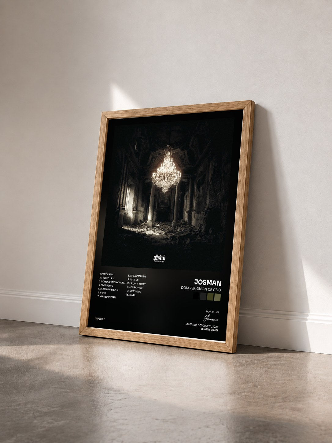 #bois Tableau de l'album DOM PERIGNON CRYING de Josman vu de trois quarts, cadre en bois brut
