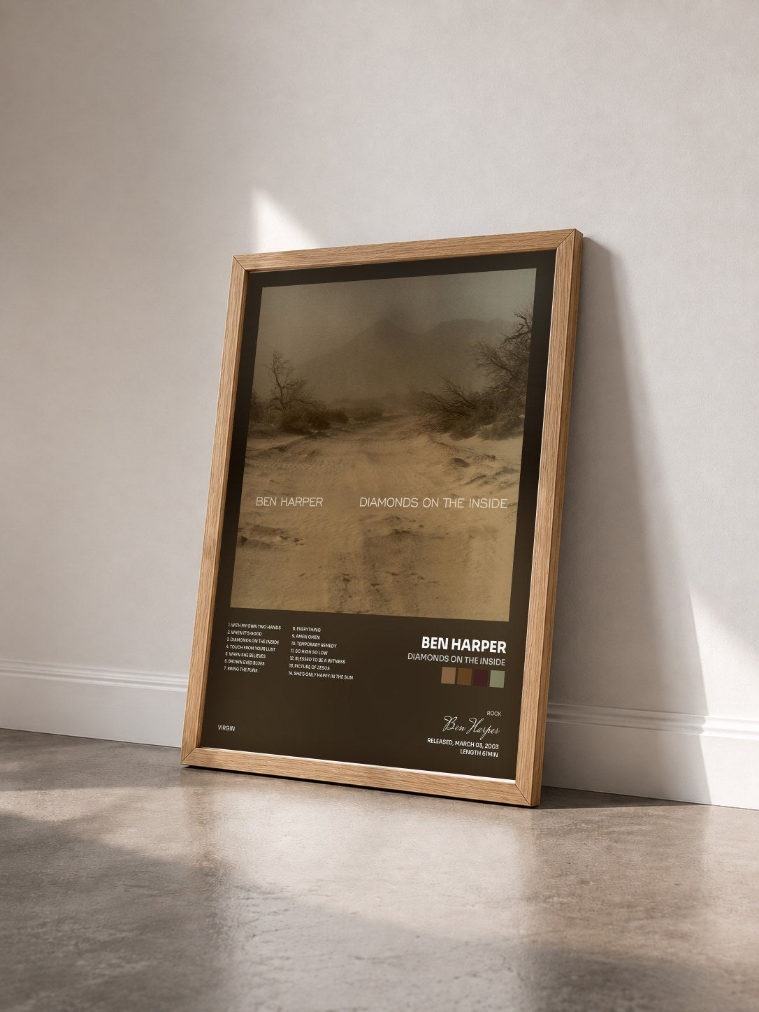 #bois Tableau de l'album Diamonds On The Inside de Ben Harper vu de trois quarts, cadre en bois brut