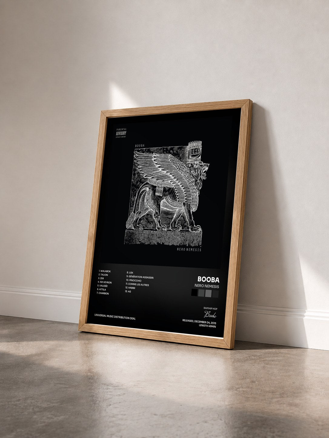 #bois Tableau de l'album Nero nemesis de Booba vu de trois quarts, cadre en bois brut