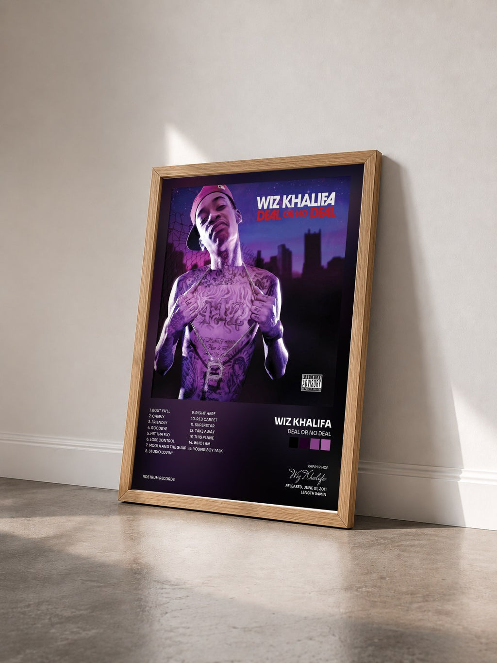 #bois Tableau de l'album Deal Or No Deal de Wiz Khalifa vu de trois quarts, cadre en bois brut