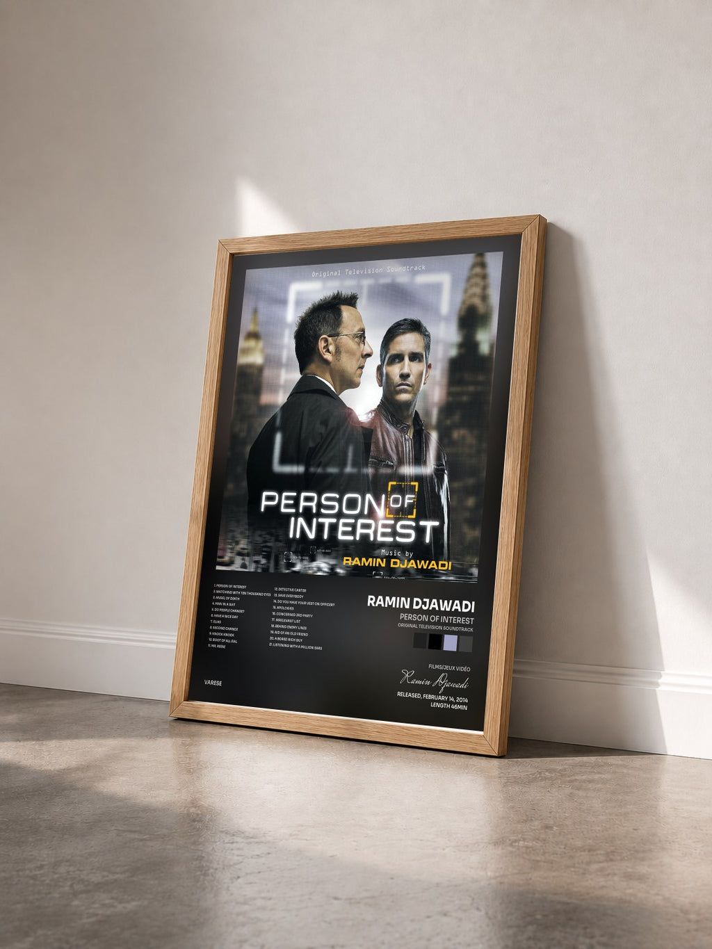 #bois Tableau de l'album Person Of Interest (Original Television Soundtrack) de Ramin Djawadi vu de trois quarts, cadre en bois brut